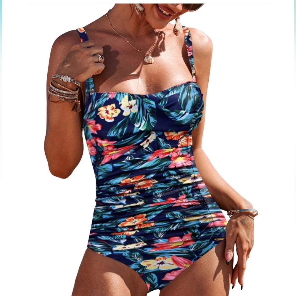 Ekouaer Women's One Piece Swimsuit Ruched Tummy Floral Sz Small